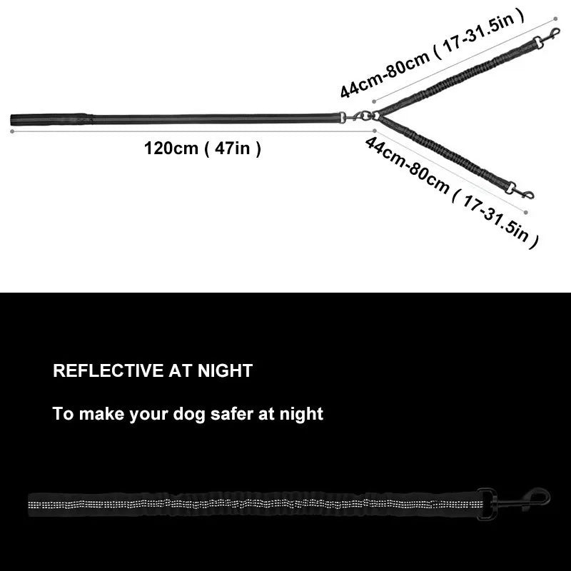 Benepaw Premium Bungee Double Dog Leash Reflective Heavy Duty Dual Pet Leash Padded Handle Small Medium Large Dogs